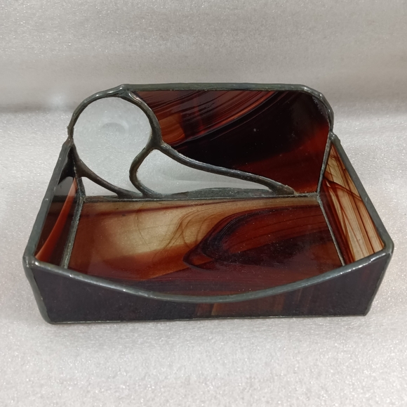 Vintage Stained Glass Business Card Holder Deep Red Leaded - Picture 1 of 7